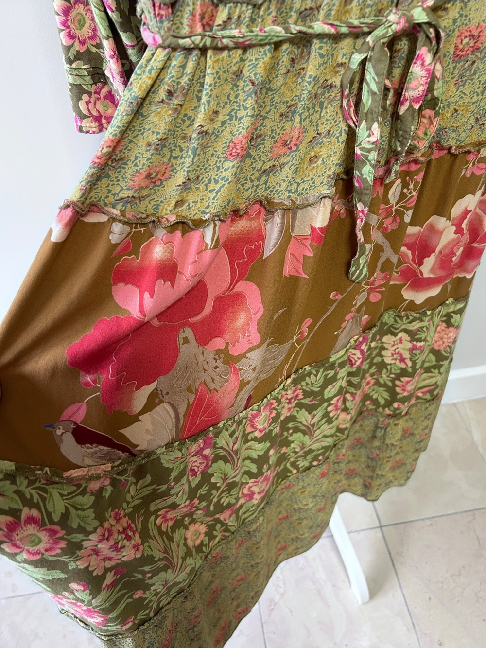 April Cornell Women’s XL Olive Pink Floral Tiered Patchwork Pintuck Maxi Dress - Picture 6 of 14